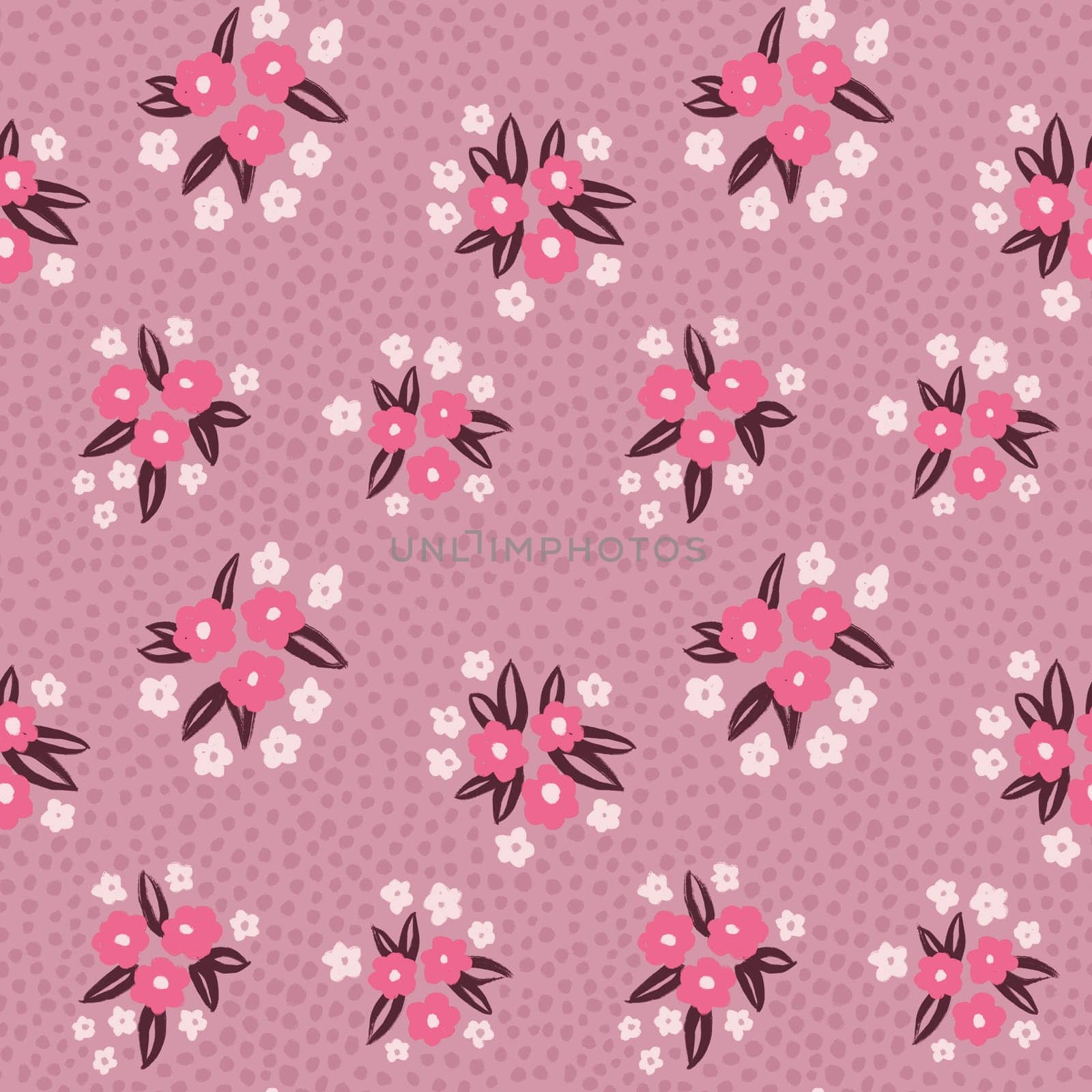 Hand drawn seamless pattern with pastel shabby chic pink lilac flower floral elements green lines dots leaves, ditsy summer spring botanical nature print, bloom blossom stylized petals.