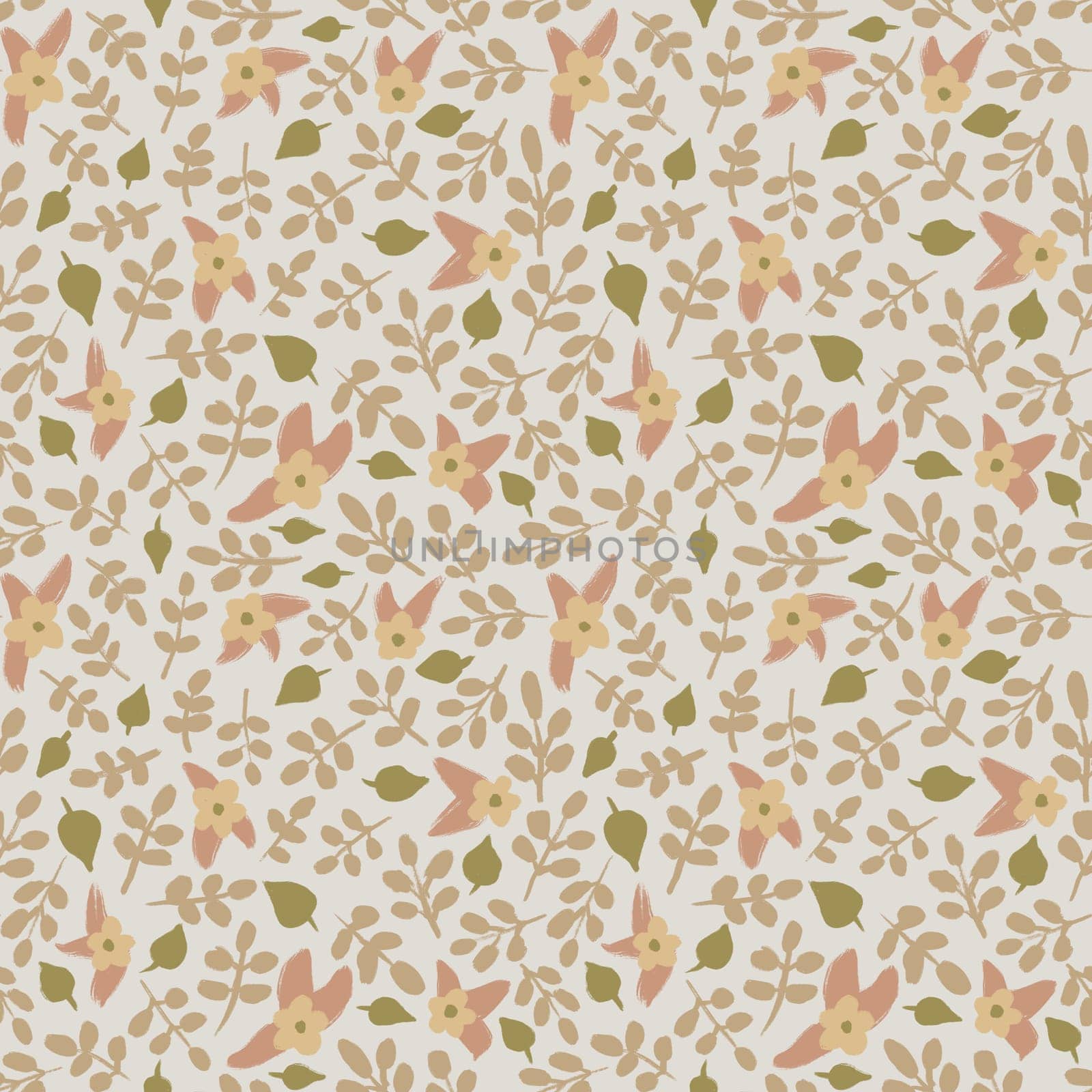 Hand drawn seamless pattern with pastel beige sage green flower floral elements leaves lines dots leaves, ditsy summer spring botanical nature print, bloom blossom stylized petals meadow