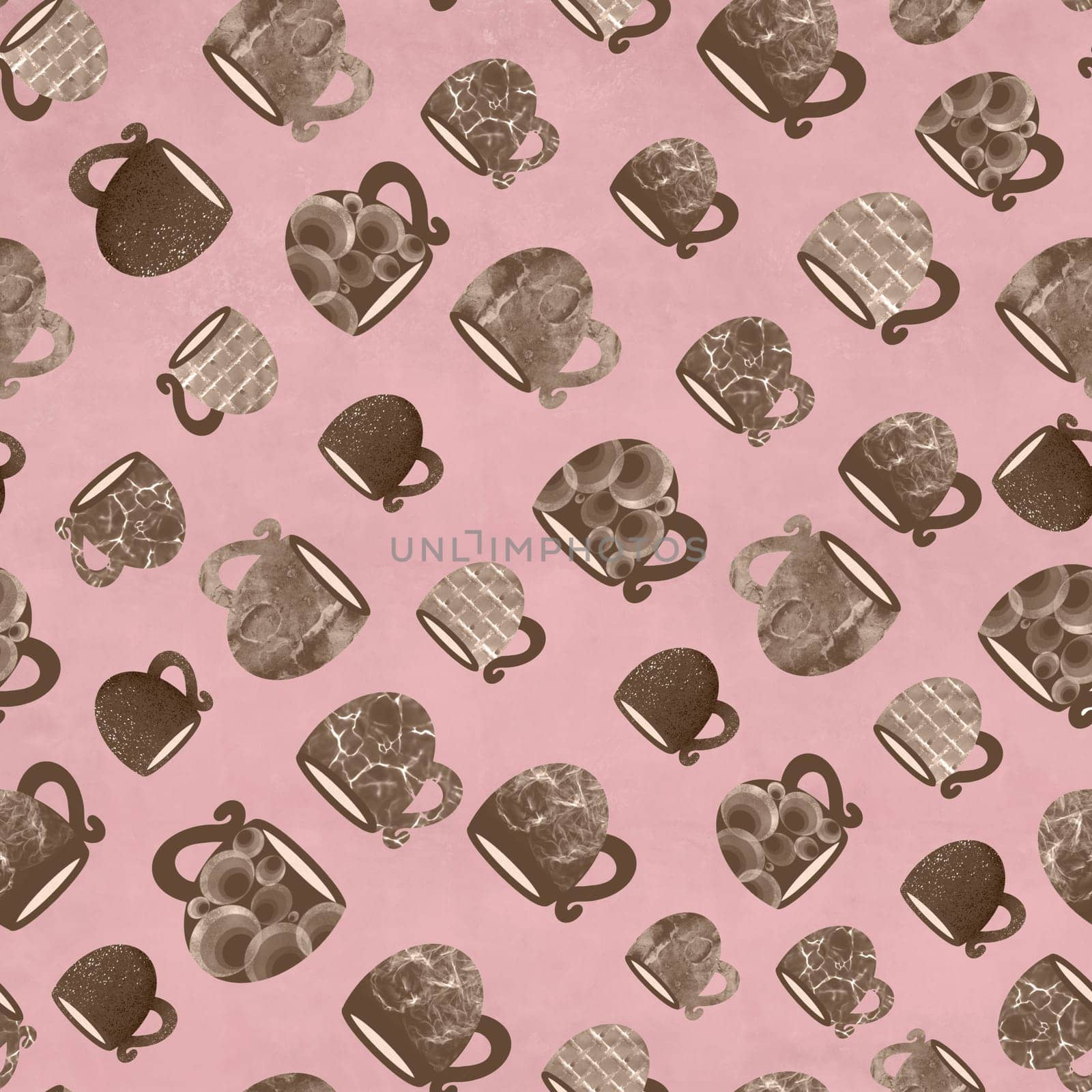 seamless pattern of mugs and cups on a pink background. Hand-drawn illustration. Fashionable background for the design of kitchen accessories, napkins, towels, textiles