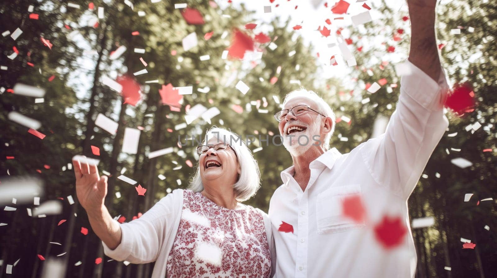 Senior couple with grey hair celebrating Canada Day in park of Canada. Happy tourists visiting Canada. Summer vacation. Generative ai.