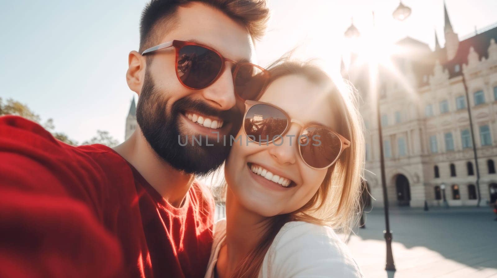 Beautiful couple of young adults taking selfie infront of Parliament of Canada. Canada Day celebration. Summer vacation. Happy tourists visiting Canada. Generative ai.