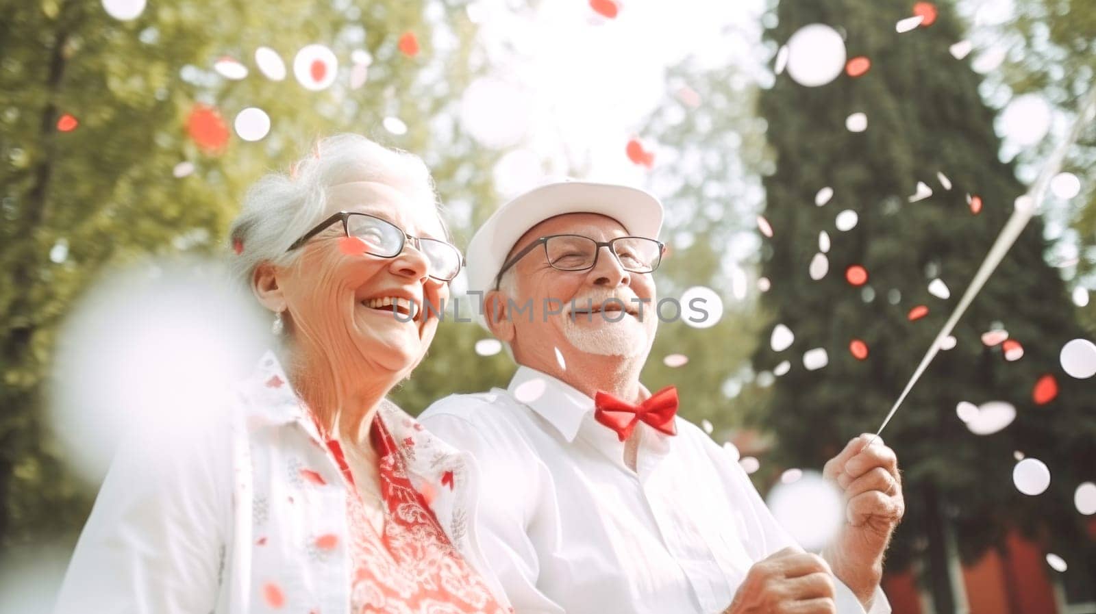 Senior couple with grey hair celebrating Canada Day in park of Canada. Happy tourists visiting Canada. Summer vacation. Generative ai.