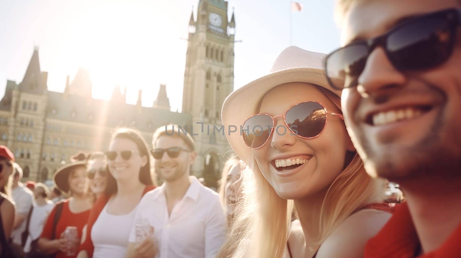 Beautiful couple of young adults taking selfie infront of Parliament of Canada. Canada Day celebration. Summer vacation. Happy tourists visiting Canada. Generative ai