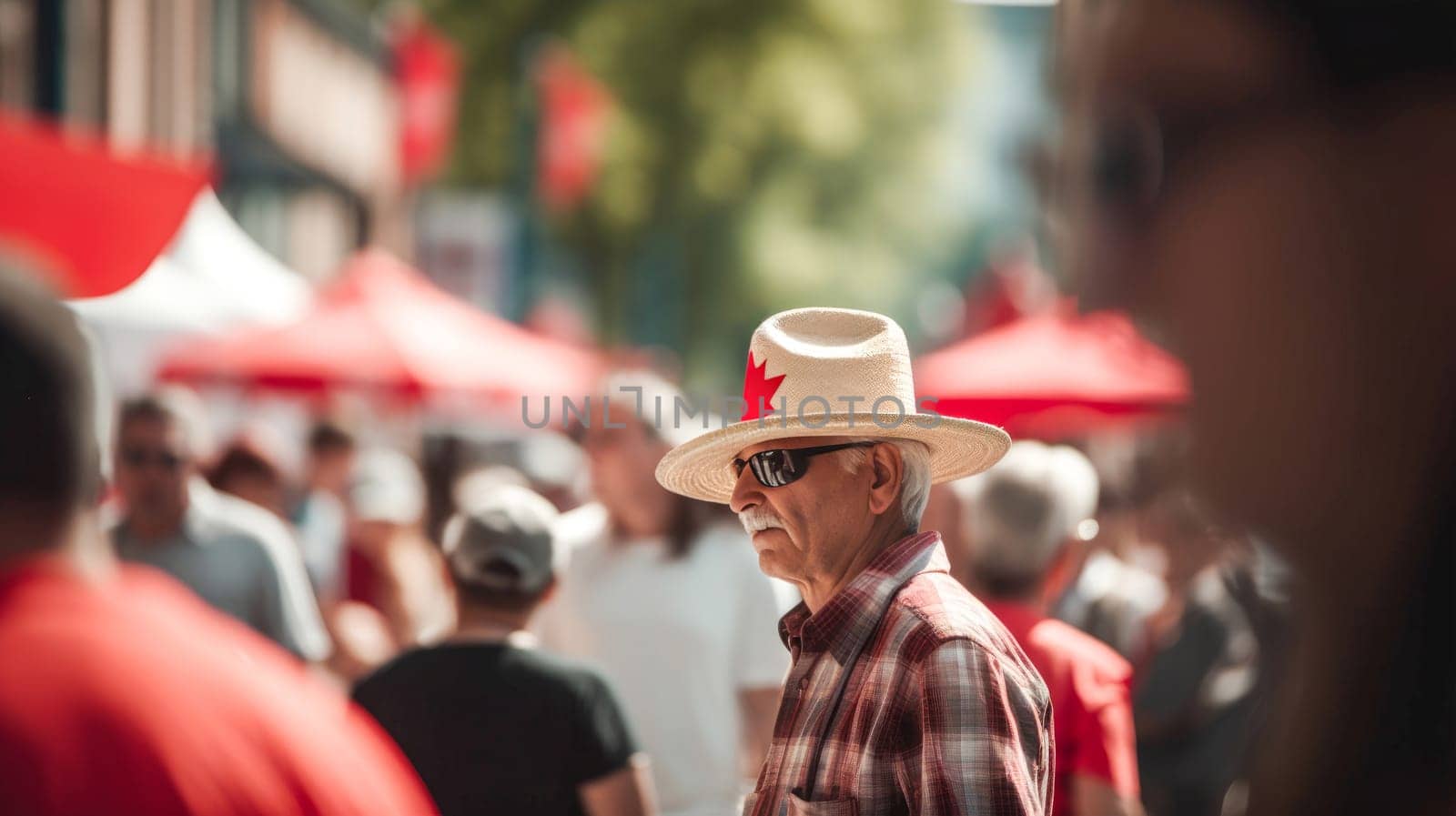 Young diverse adults celebrating Canada Day on streets of Canada. Happy tourists visiting Canada. Summer vacation. Generative ai