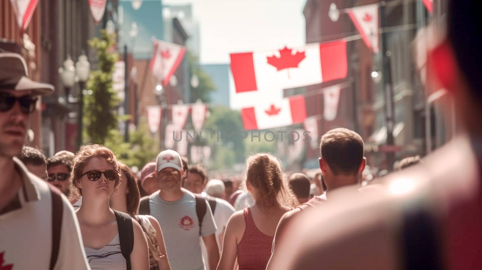 Young diverse adults celebrating Canada Day on streets of Canada. Happy tourists visiting Canada. Summer vacation. Generative ai
