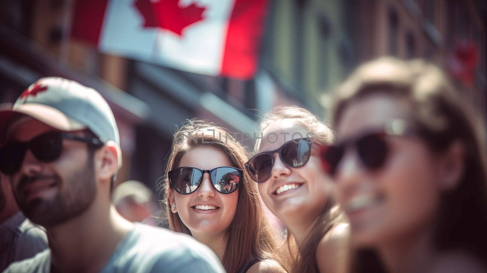 Young diverse adults celebrating Canada Day on streets of Canada. Happy tourists visiting Canada. Summer vacation. Generative ai