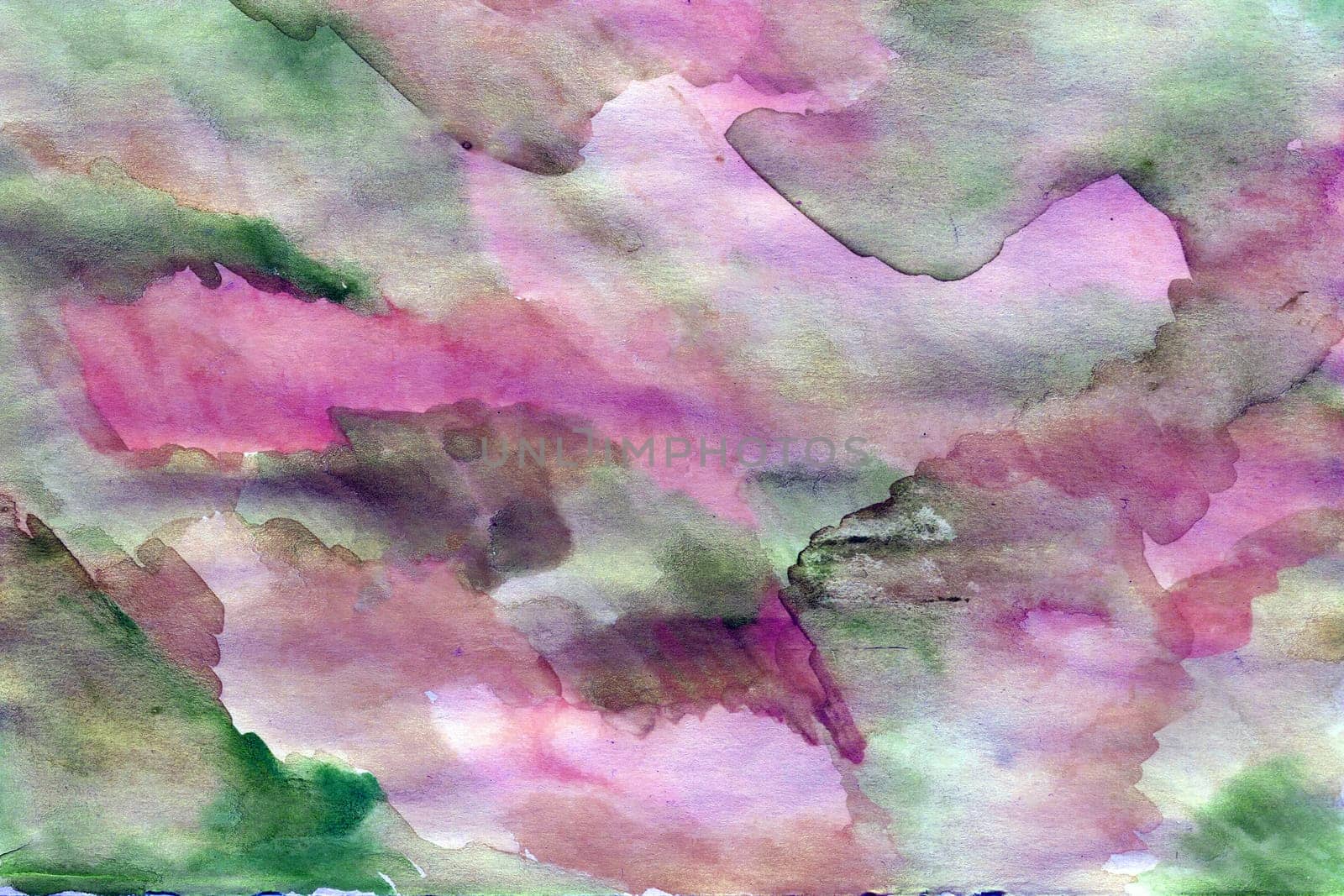 Watercolor green pink background with brush strokes, dots, spots