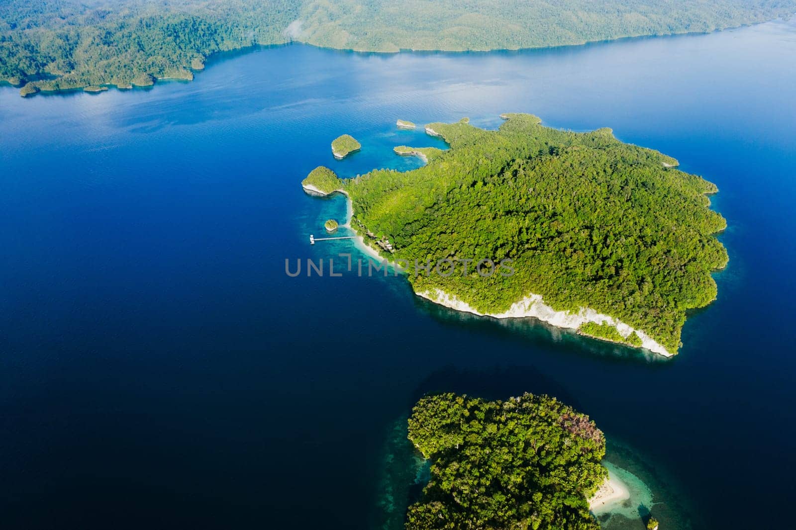Drone view, island and nature for freedom, travel and explore, travel and trip with zen. Tropical, water and location for tourism, peace and beautiful scenery, earth and summer in Fiji from above.