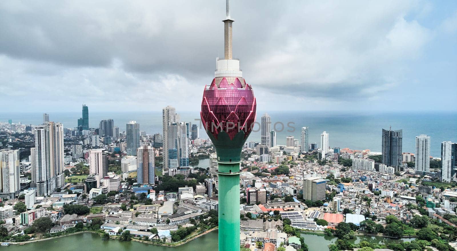 Aerial view of the main attraction, the Lotus Tower in the capital of Sri Lanka, Colombo by driver-s