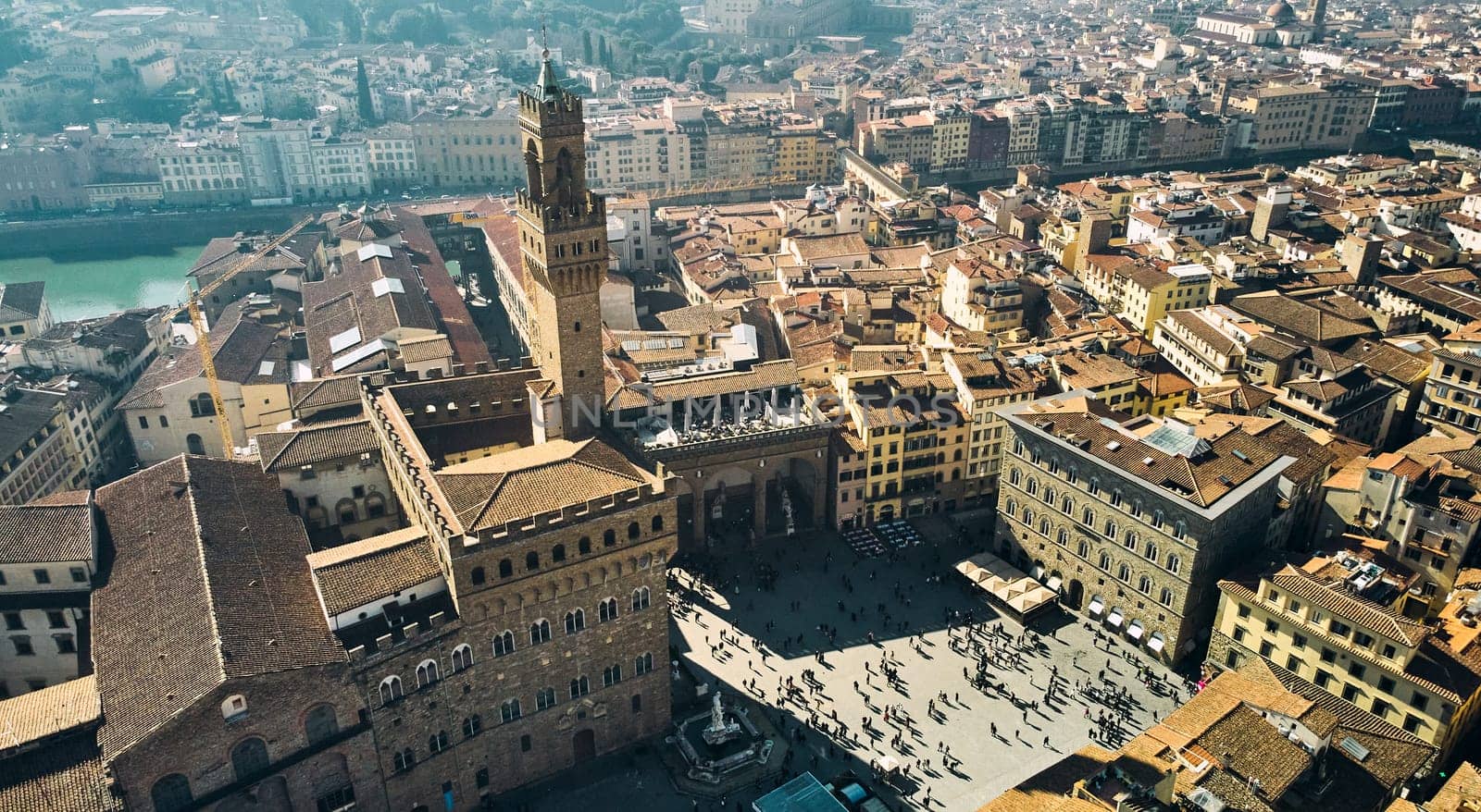 Aerial view of famous tower and Palazzo Vecchio square and Florence cityscape, Italy by driver-s