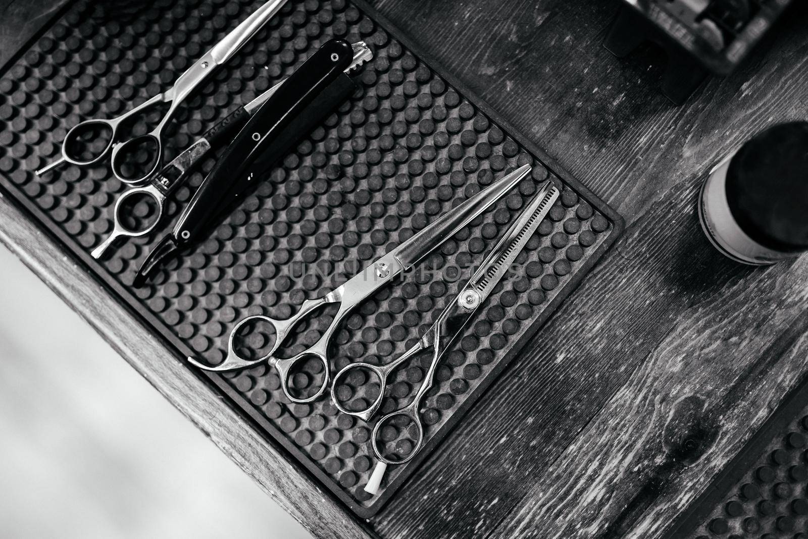 Vintage barber scissors set, black and white style, flat lay