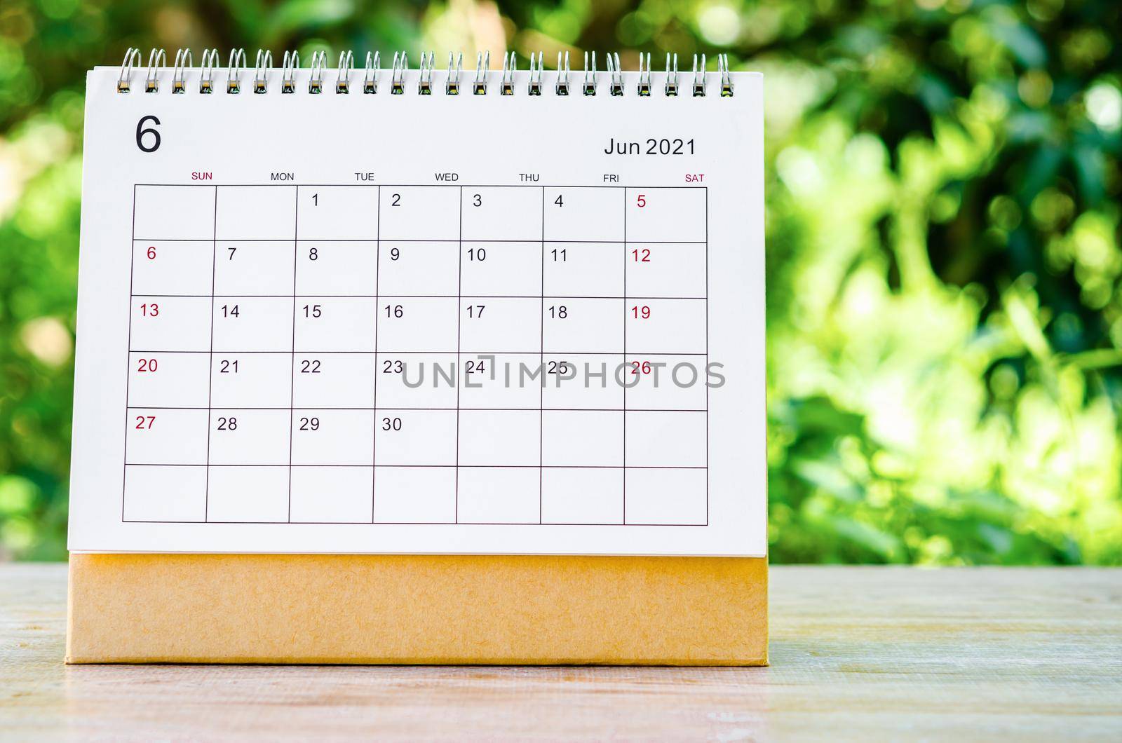 June 2021 Calendar desk for organizer to plan and reminder on wooden table on nature background.