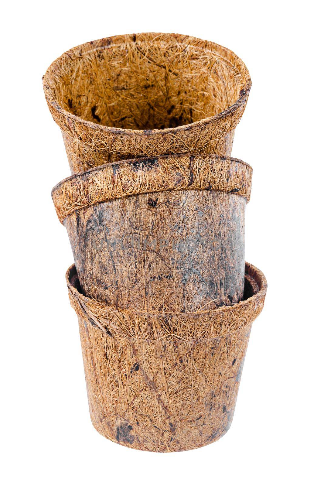 Flower pot, Coconut fiber plant isolated on a white background clipping path. Reduce global warming. Organic.