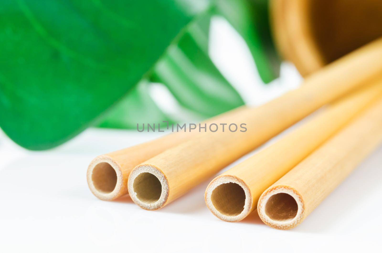 Bamboo drinking straws and green leaves with Zero - waste. Eco friendly concept.