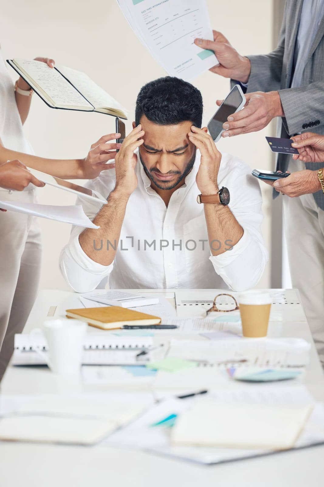 Business, employee and man with a headache, multitasking and stress with documents, deadline or schedule. Male person, consultant or company director with a migraine, overworked or burnout with chaos.