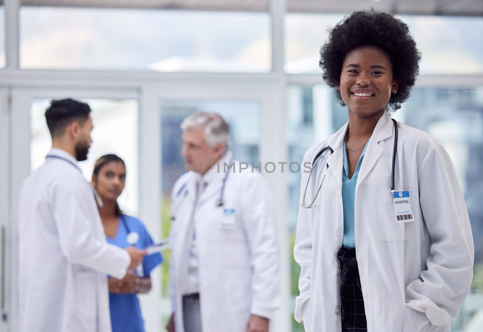 Black woman, portrait or doctor in clinic leadership, about us or medical collaboration for hospital medicine, trust or life insurance. Smile, happy or healthcare worker in diversity teamwork or help.