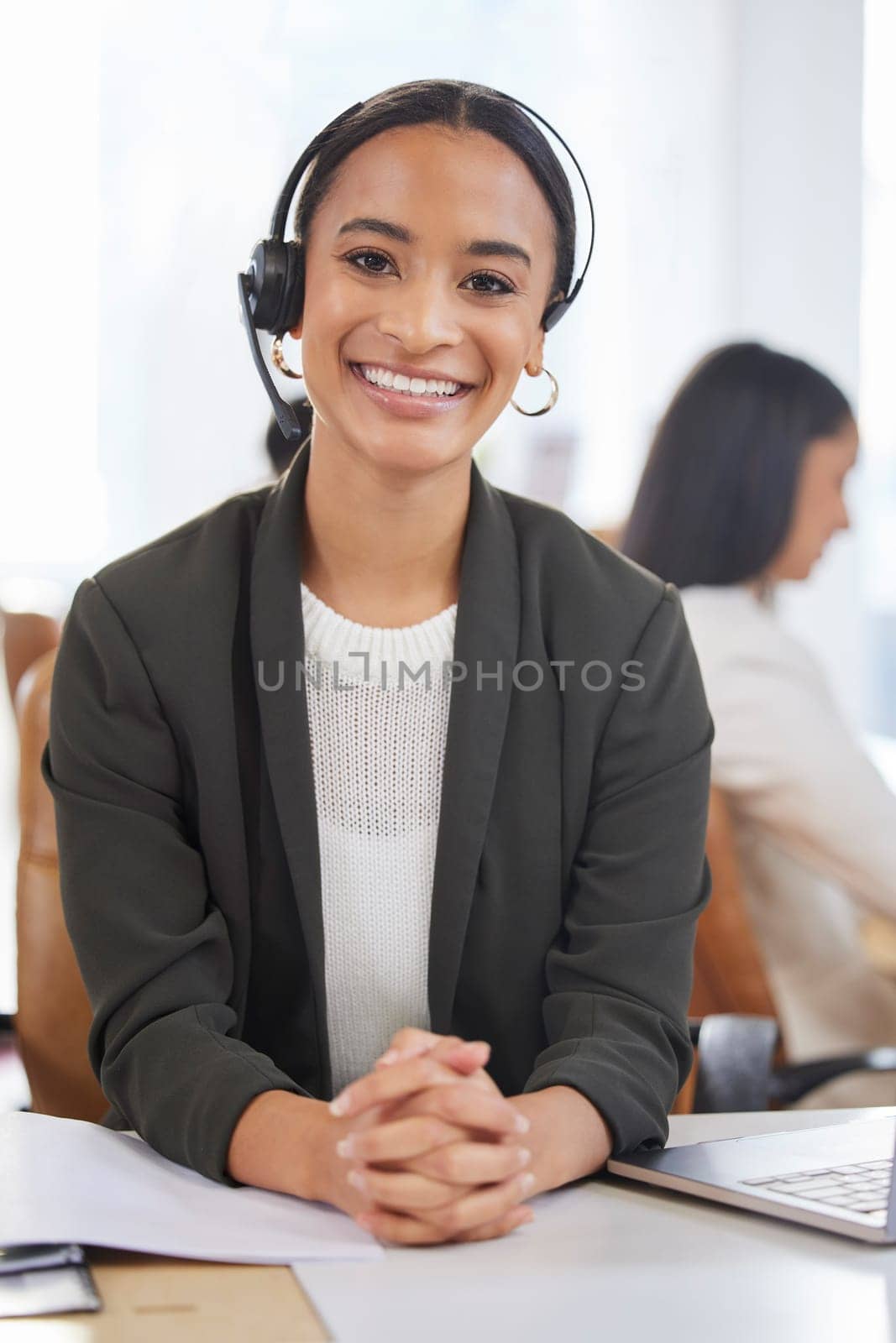 Call center, woman and smile portrait for customer service, support and telemarketing. Face of happy female agent or consultant with a headset for telecom sales, crm or help desk for advice by YuriArcurs