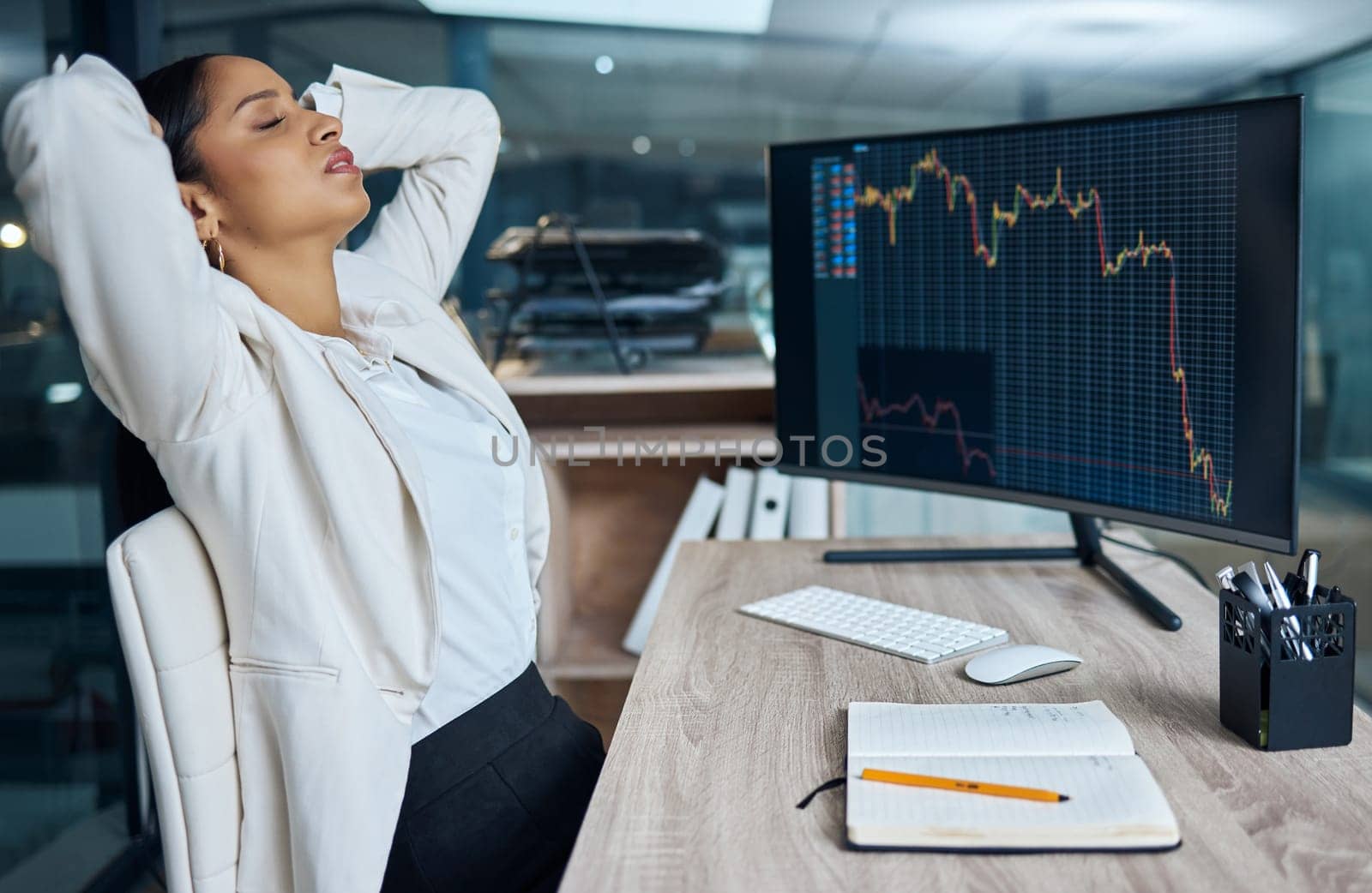 Woman, stress and computer with stock market graphs on dashboard screen for business debt review. Female broker at pc for SEO, trading and anxiety for fail, crash or financial crisis, problem or risk by YuriArcurs