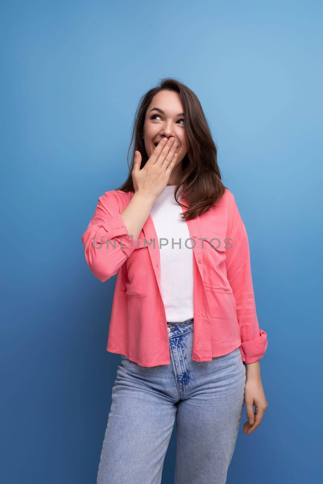 portrait of well-groomed european woman in casual look isolated with studio background.