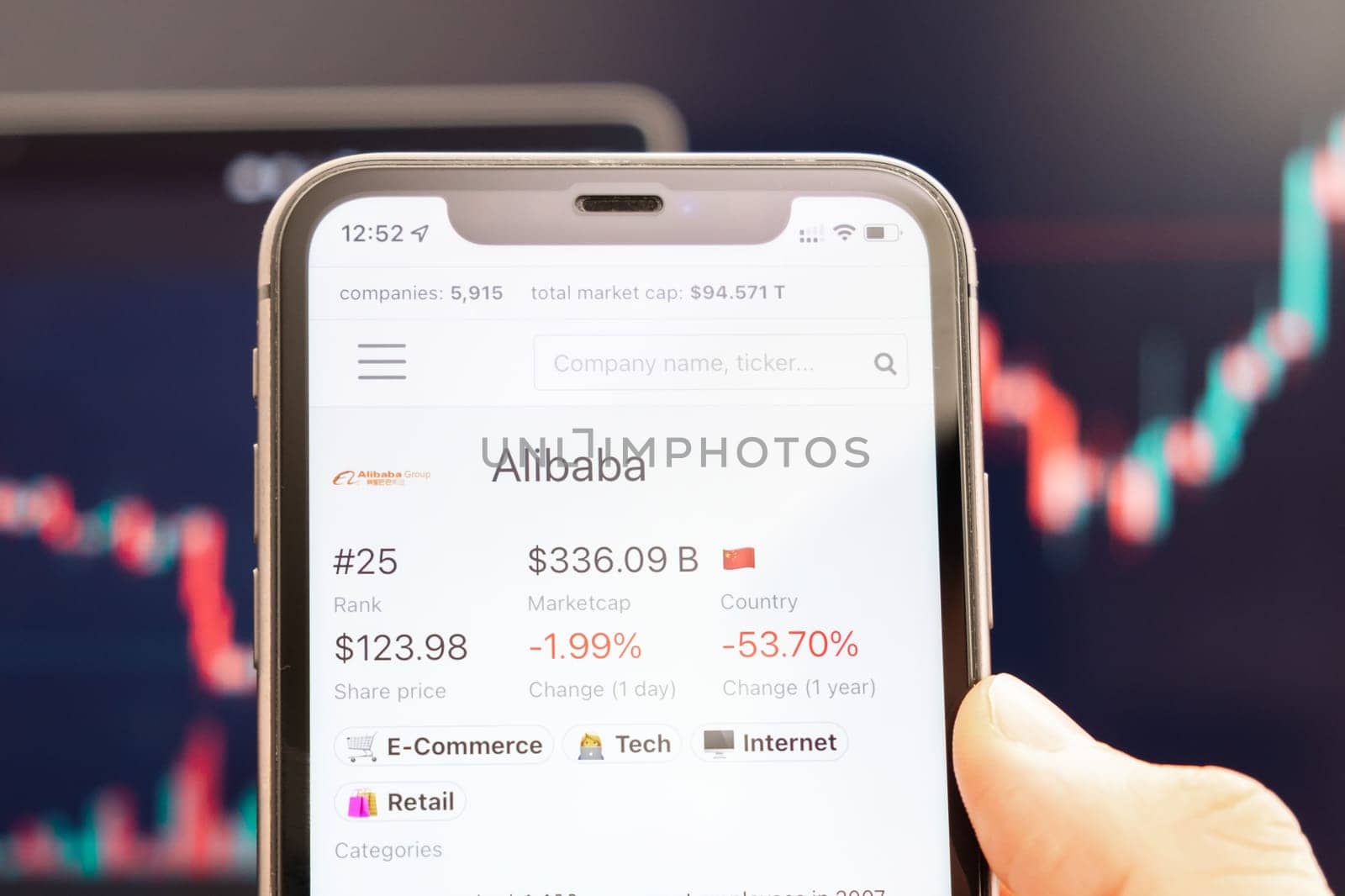 Alibaba stock price on the screen of mobile phone in mans hand with changing stock market graphs on the background, February 2022, San Francisco, USA.