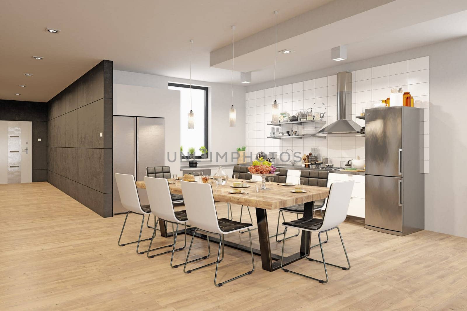 3D illustration of a modern apartment kitchen interior.