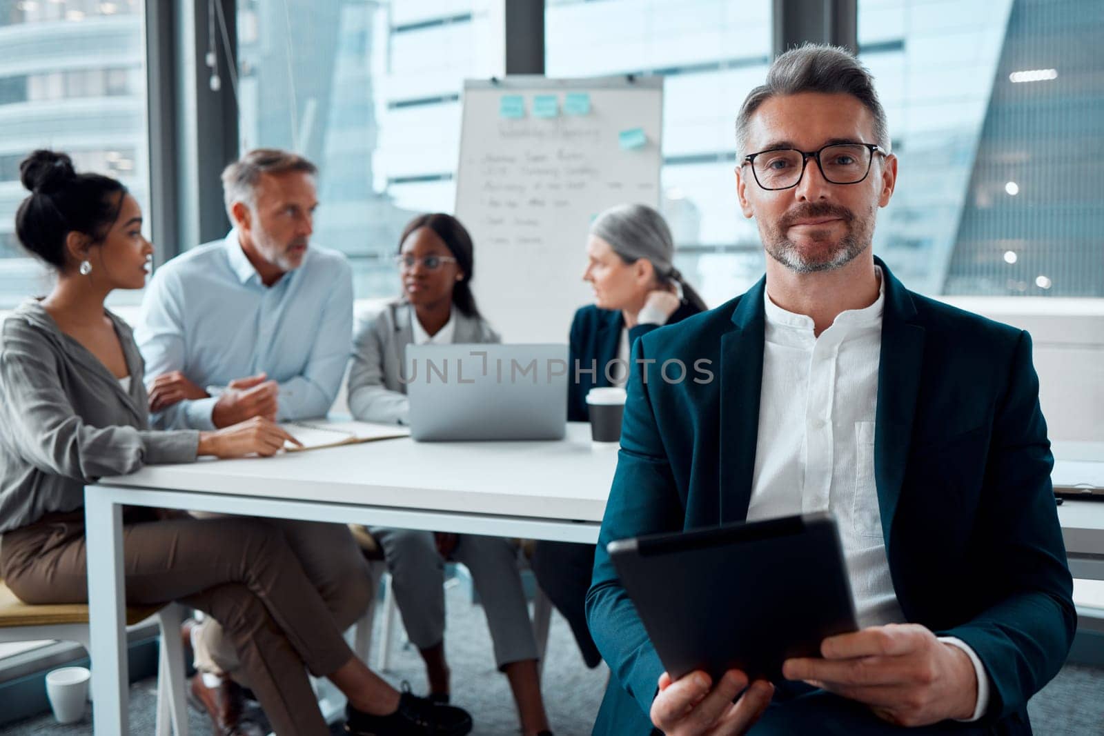 Ceo, businessman and smile portrait with tablet for meeting success, teamwork collaboration and discussion in office. Senior man, employee positive mindset energy or entrepreneur tech motivation.