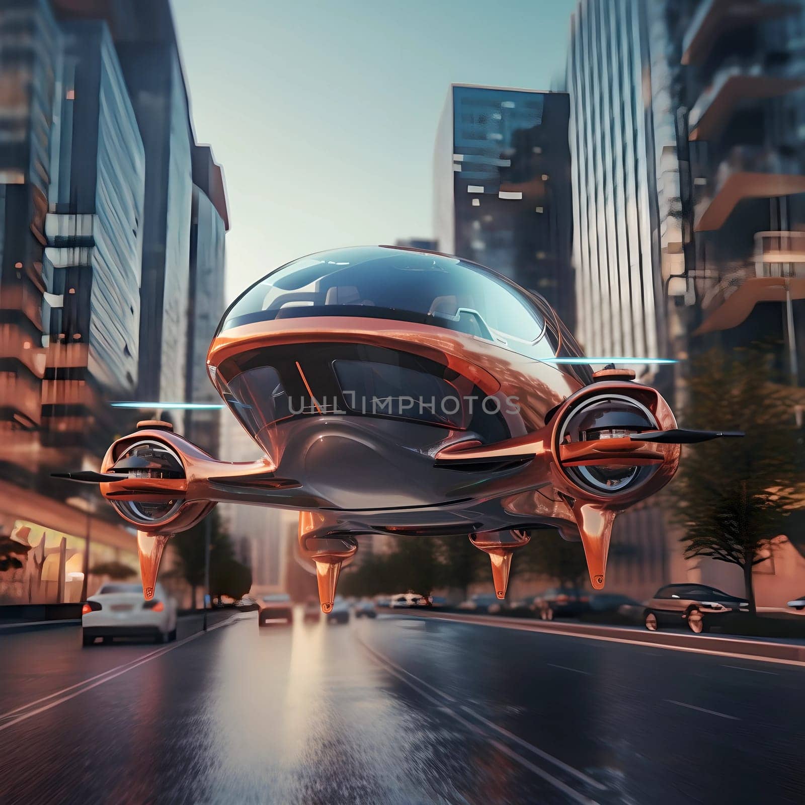 The flying car of the future flies in the city by cherezoff