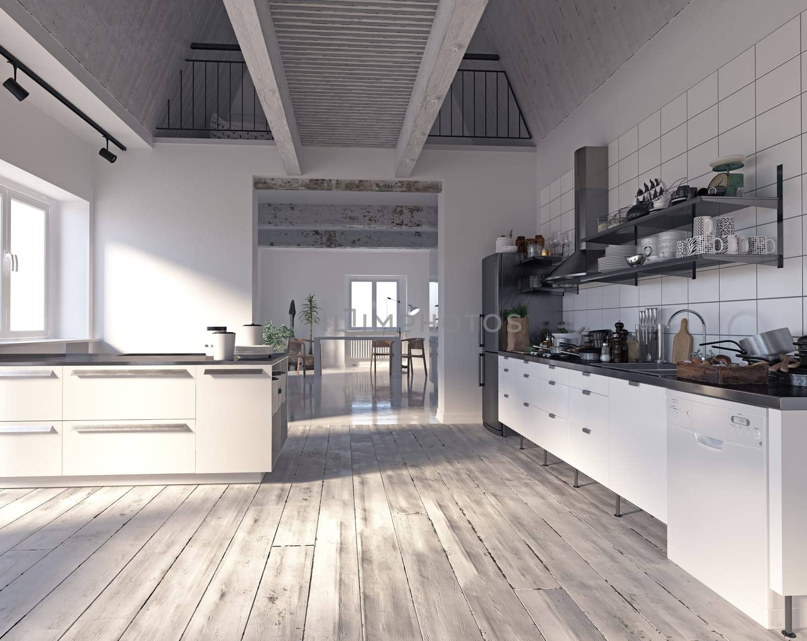 3D illustration of a modern apartment kitchen interior.