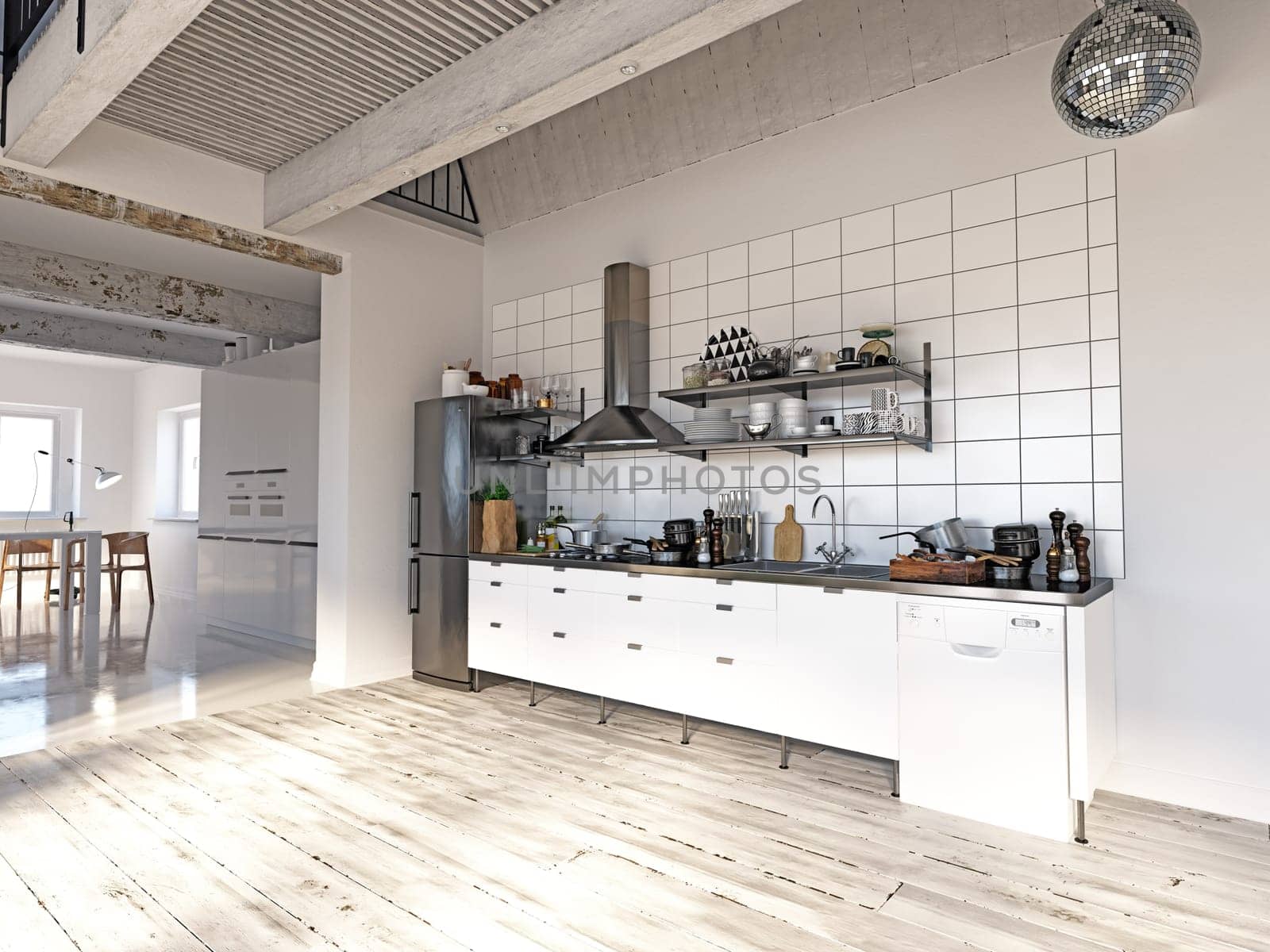 3D illustration of a modern apartment kitchen interior.