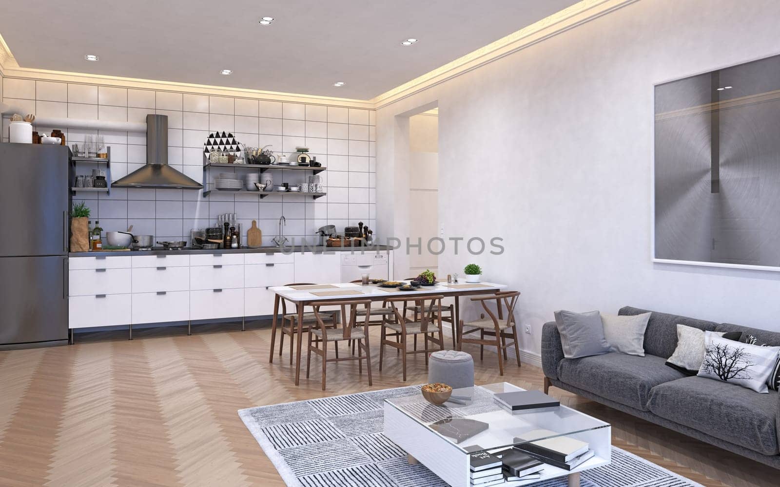 3D illustration of a modern apartment kitchen interior.