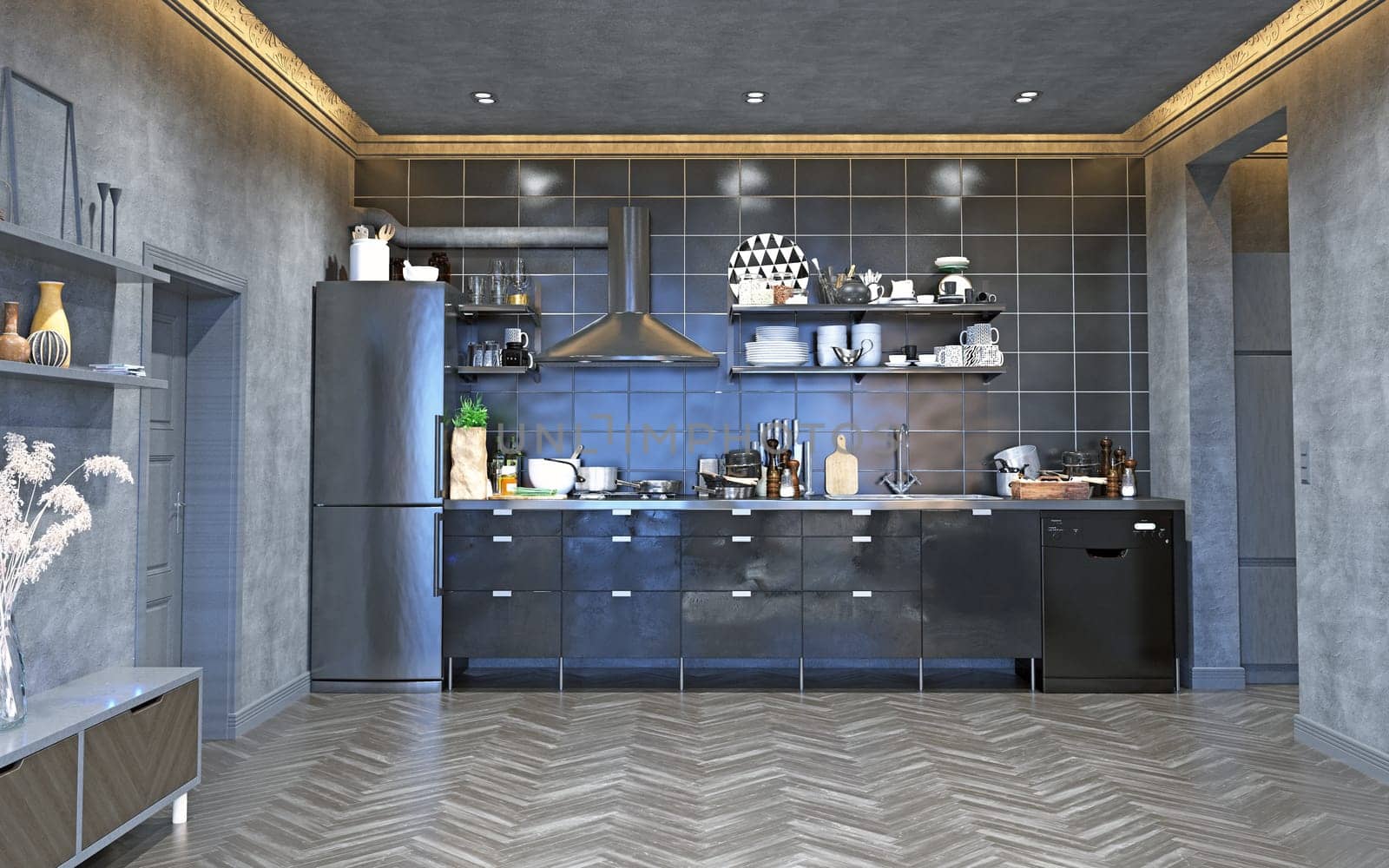 3D illustration of a modern apartment kitchen interior.