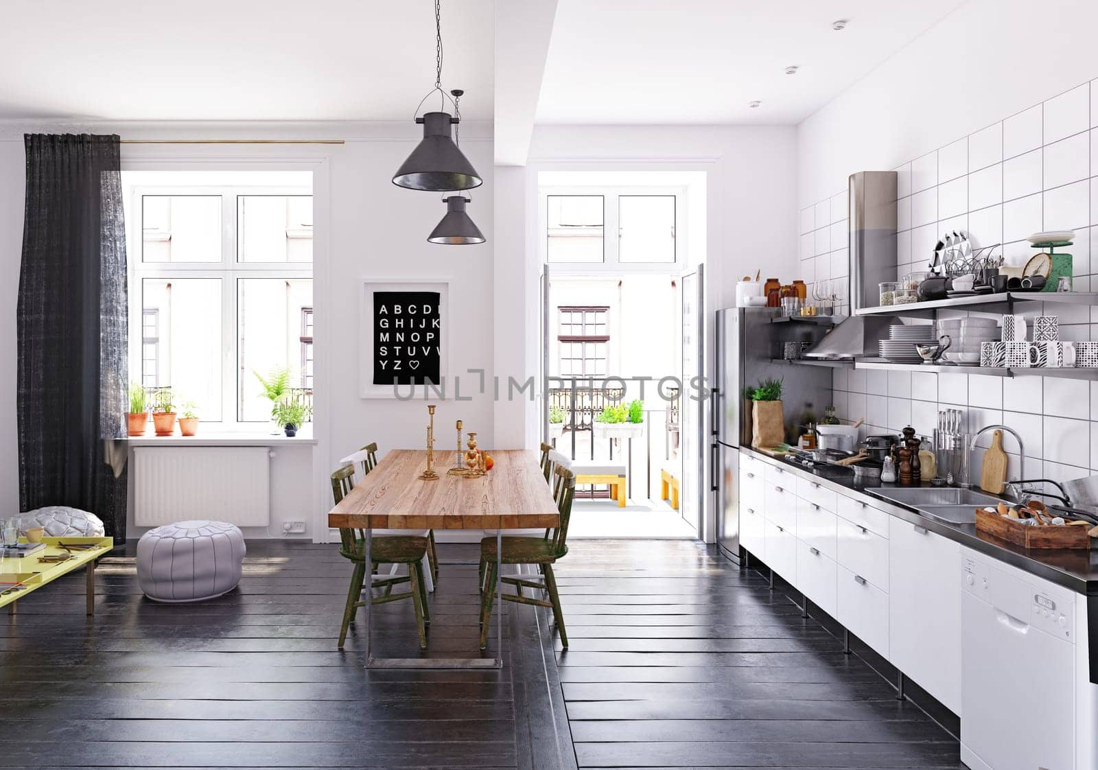 3D illustration of a modern apartment kitchen interior.