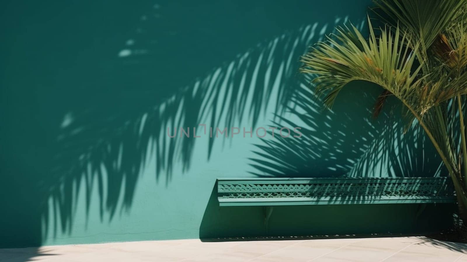 empty table top and blue pattern wall with palm leaf shadows. Place for your product display. Ai Generative.