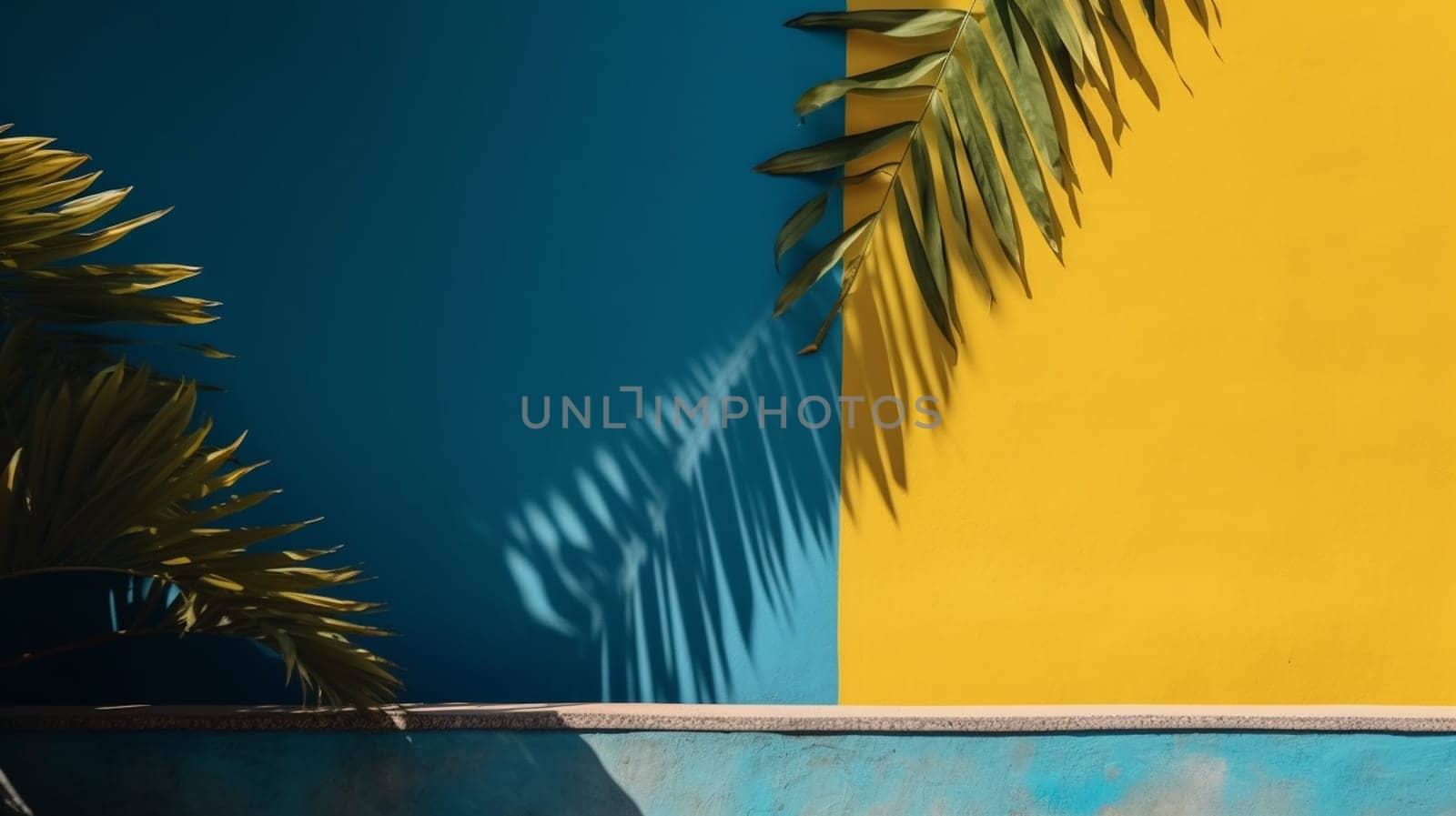 empty table top and blue pattern wall with palm leaf shadows. Place for your product display. Ai Generative by lucia_fox