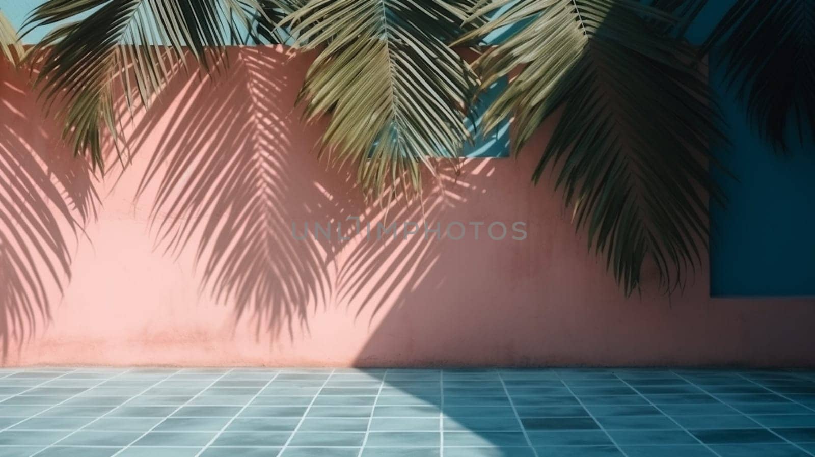 empty table top and blue pattern wall with palm leaf shadows. Place for your product display. Ai Generative.