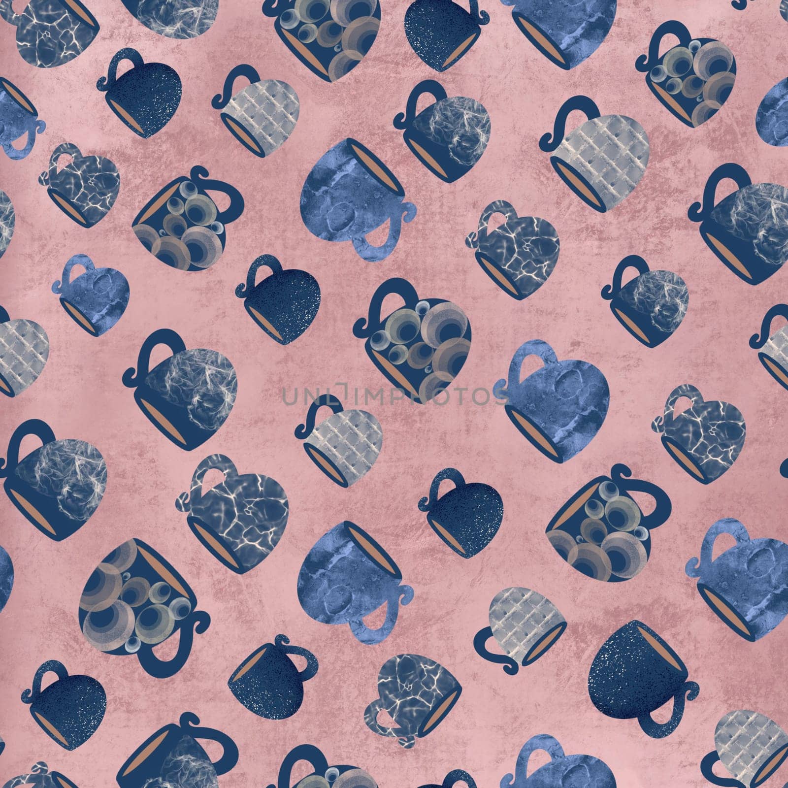 seamless pattern of mugs and cups on a pink background. Hand-drawn illustration. Fashionable background for the design of kitchen accessories, napkins, towels, textiles