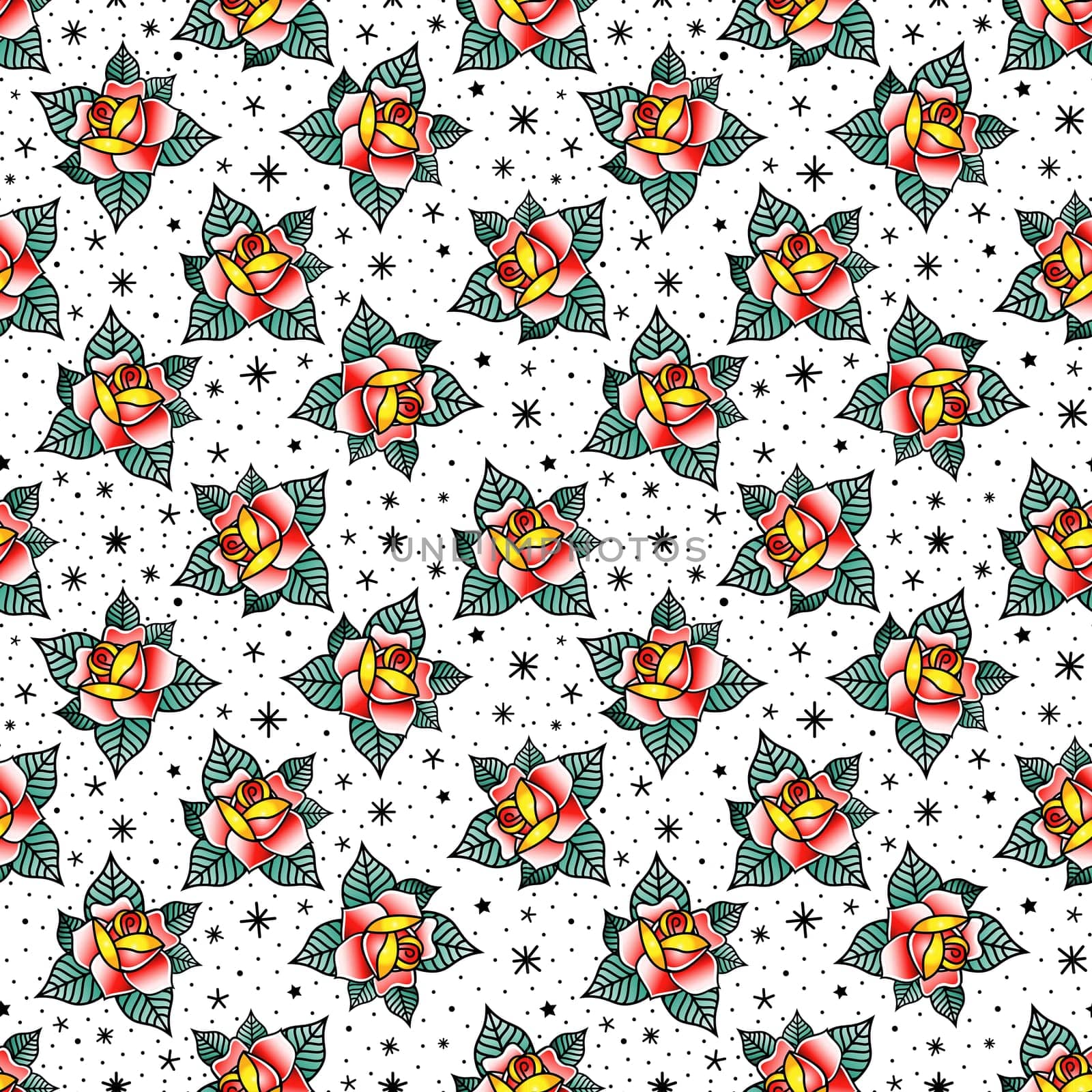 Seamless pattern in the style of old school tattoo with linear roses.