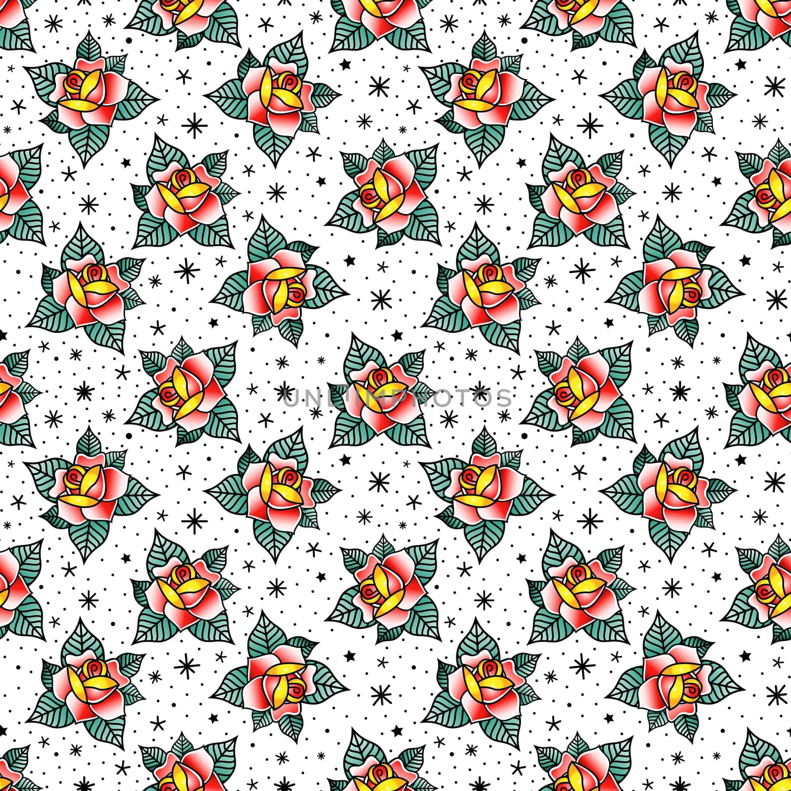 Seamless pattern in the style of old school tattoo with linear roses.
