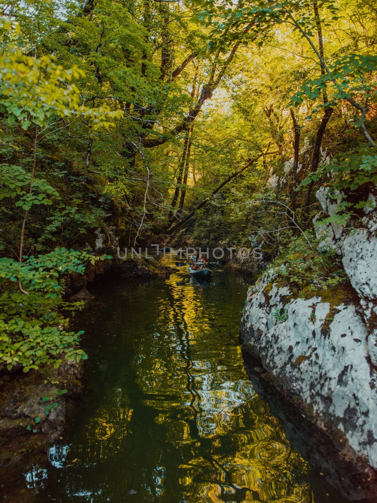 A young couple enjoying an idyllic kayak ride in the middle of a beautiful river surrounded by forest greenery by dotshock