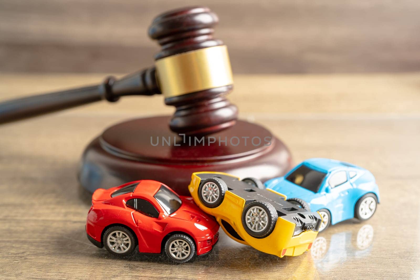 Bangkok, Thailand, January 1, 2023 Hammer gavel judge with car vehicle accident, insurance coverage claim lawsuit court case.