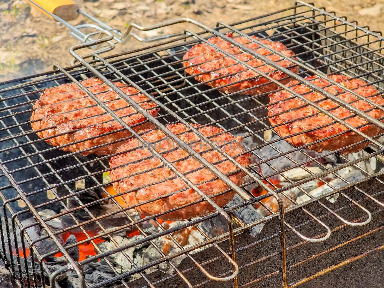 Assorted delicious grilled meat with vegetables over the coals on barbecue