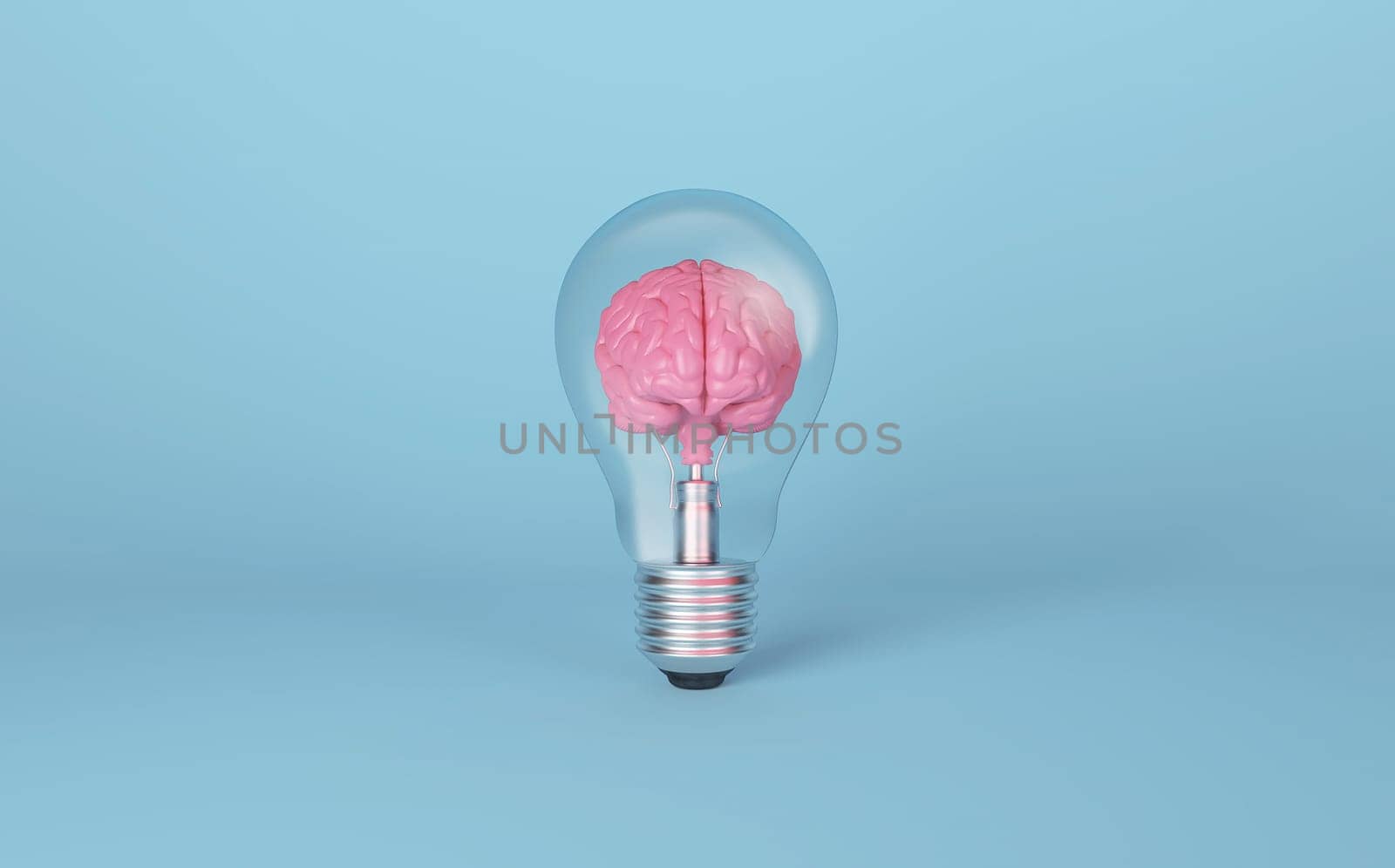 Brain on light bulb on blue background. Concept of inspiration, creativity, idea, innovation. 3D rendering.