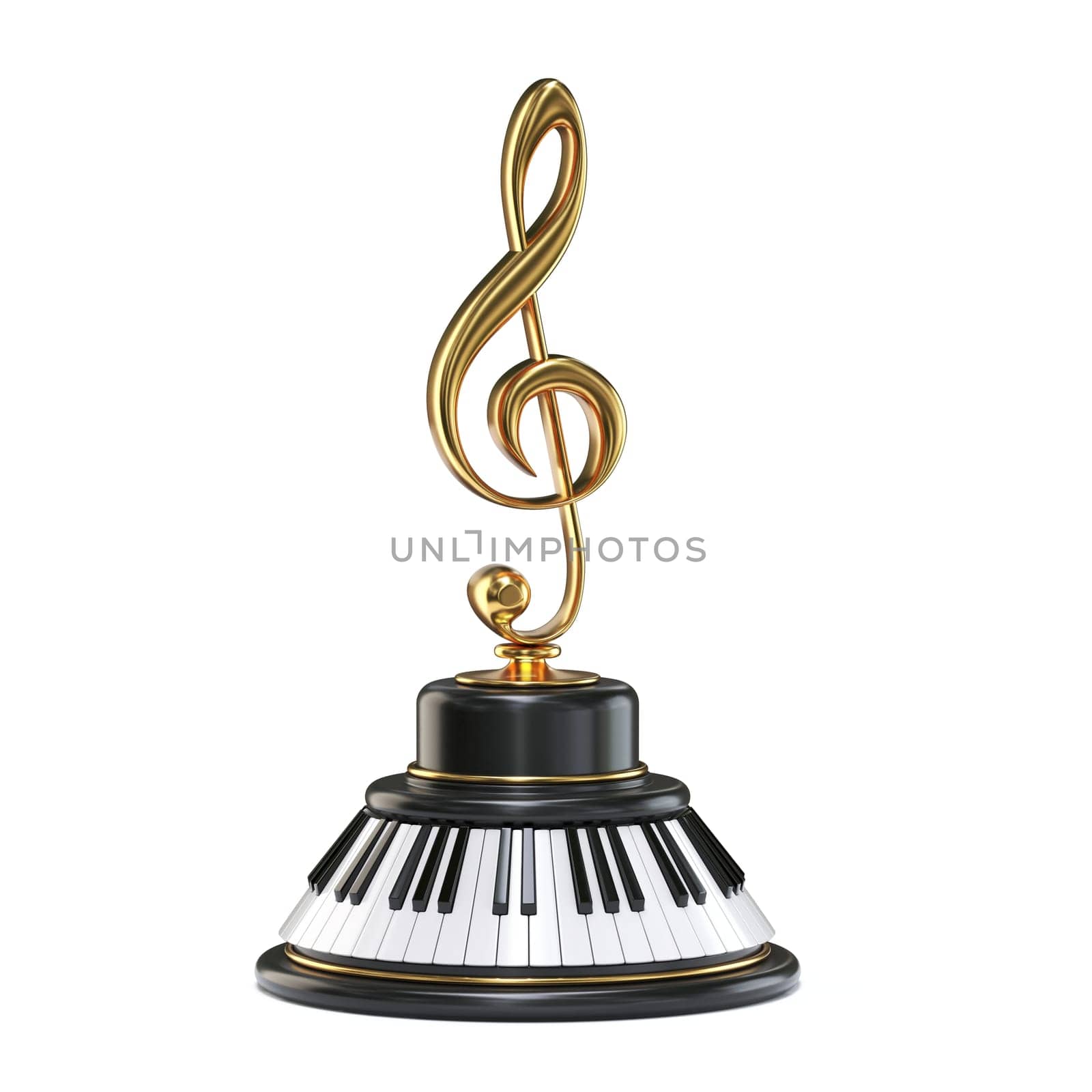 Piano keyboard with golden treble clef Music award 3D rendering illustration isolated on white background