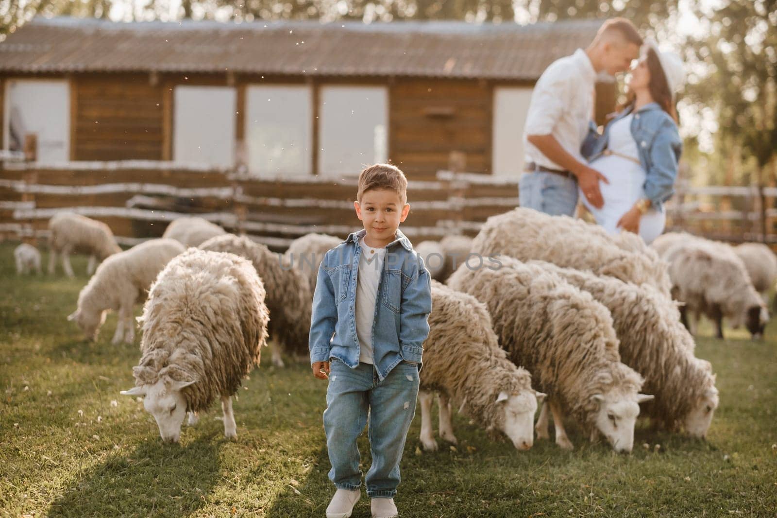 Stylish family in summer on a village farm with sheep by Lobachad