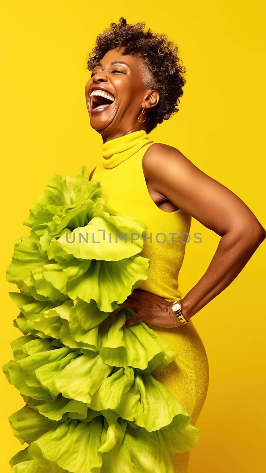 Adult African American woman smiling in a photo studio wearing a yellow dress with lettuce leaves on a yellow background. Generative AI. High quality photo
