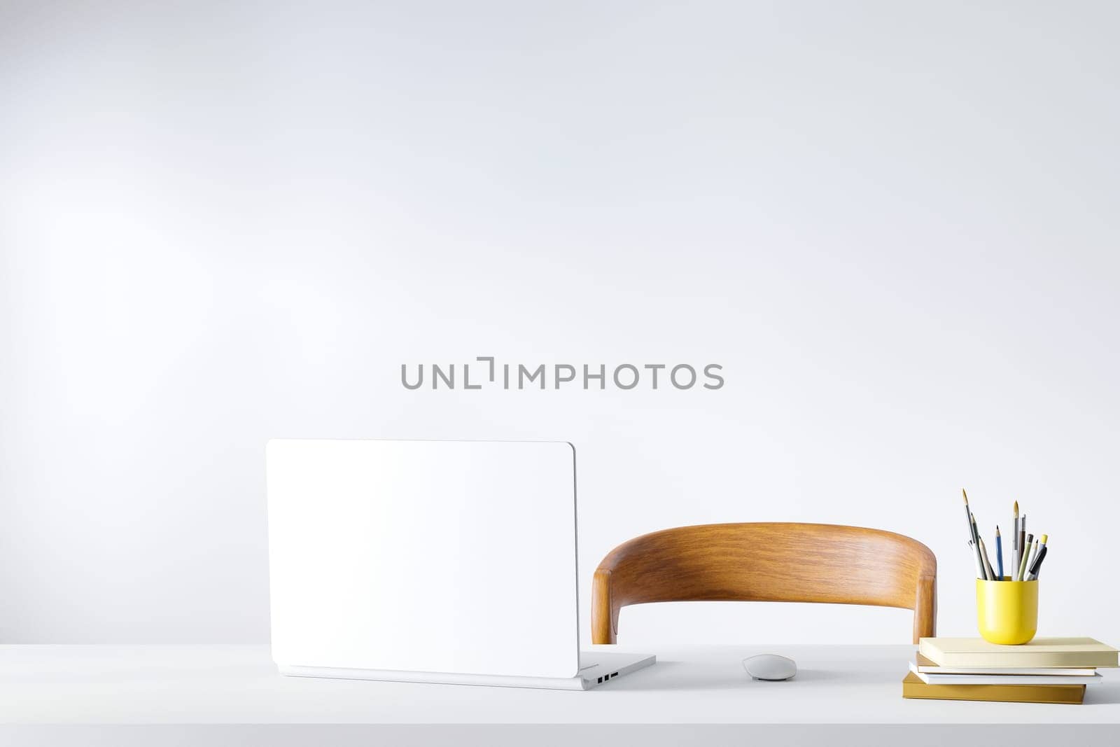 Desk at home office with supplies and wall copy space. Minimalistic workspace. 3D Rendering