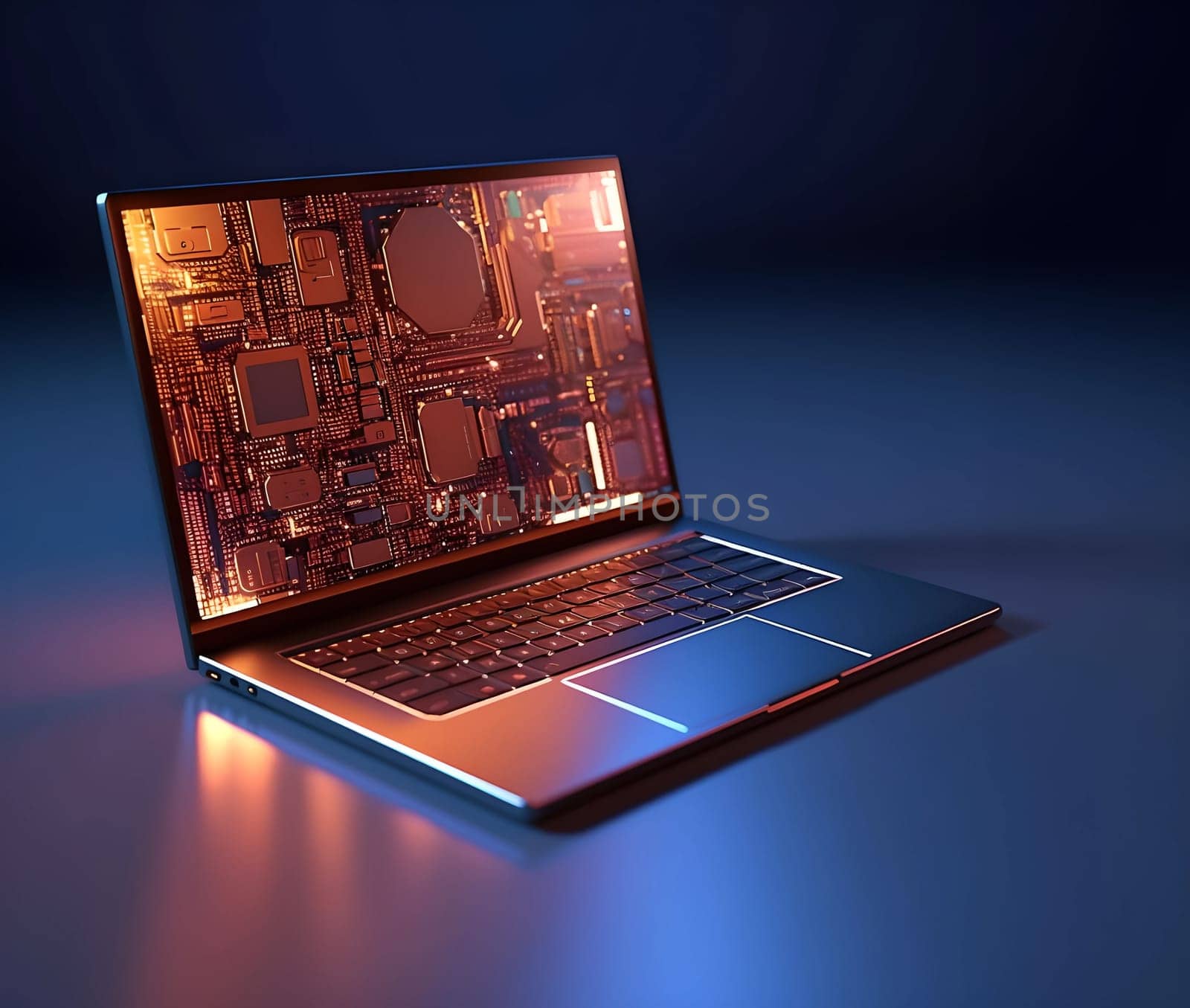 A modern laptop. There is a bright beautiful picture on the screen