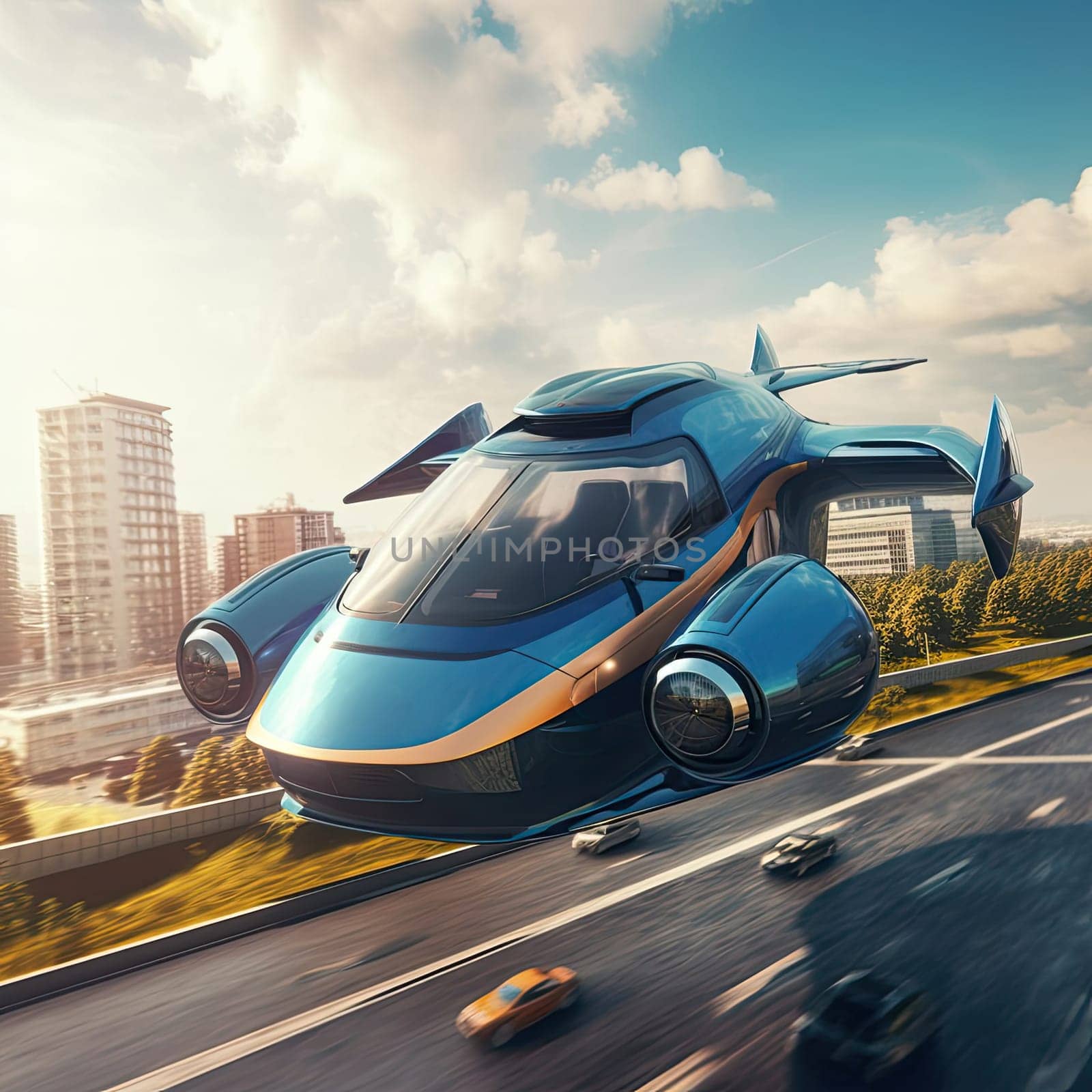 The flying car of the future flies in the city by cherezoff