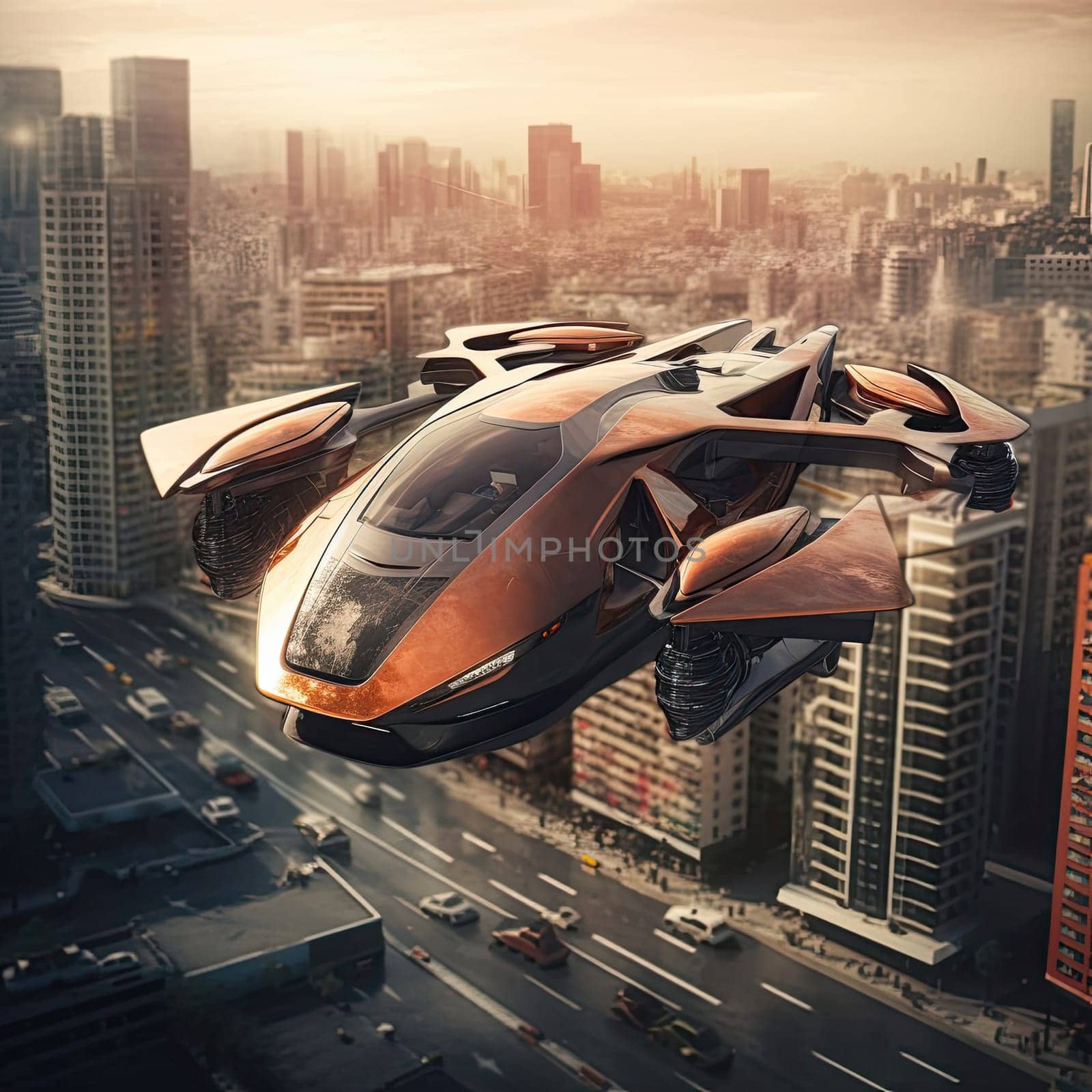 The flying car of the future flies in the city by cherezoff