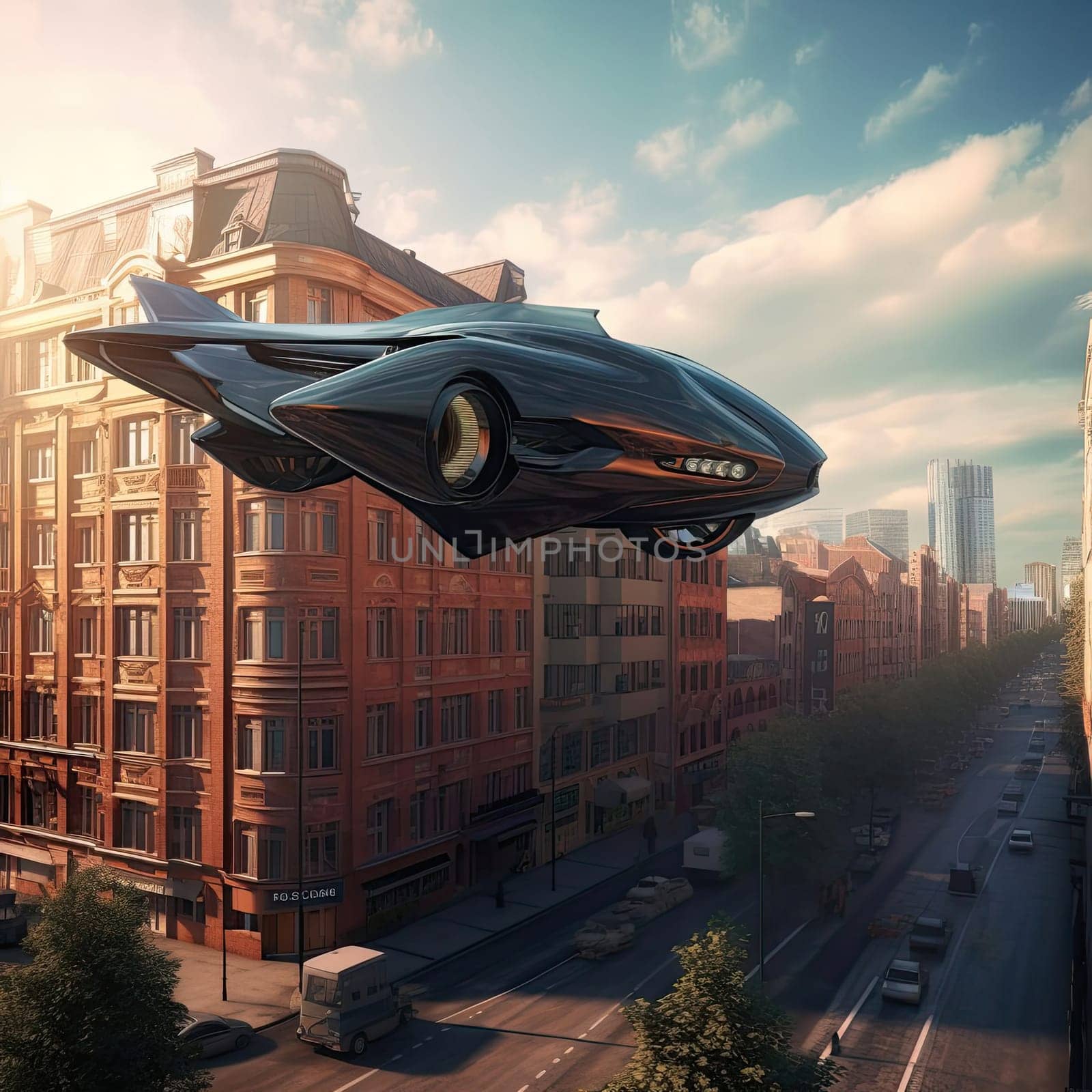 The flying car of the future flies in the city. A vision for the future